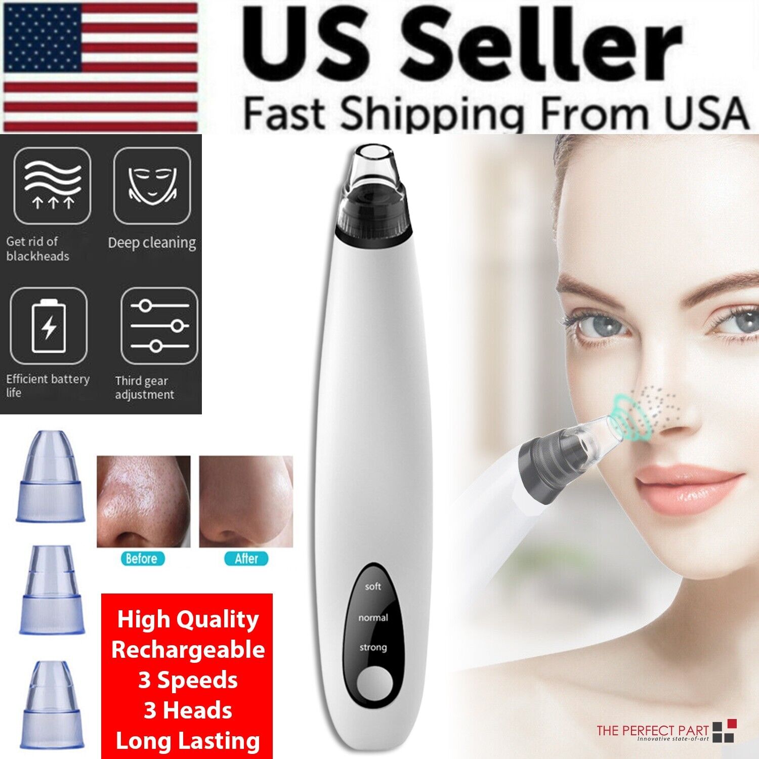 Pore Vacuum Blackhead Remover – USA Fast Shipping, 3 Speeds + 3 Heads