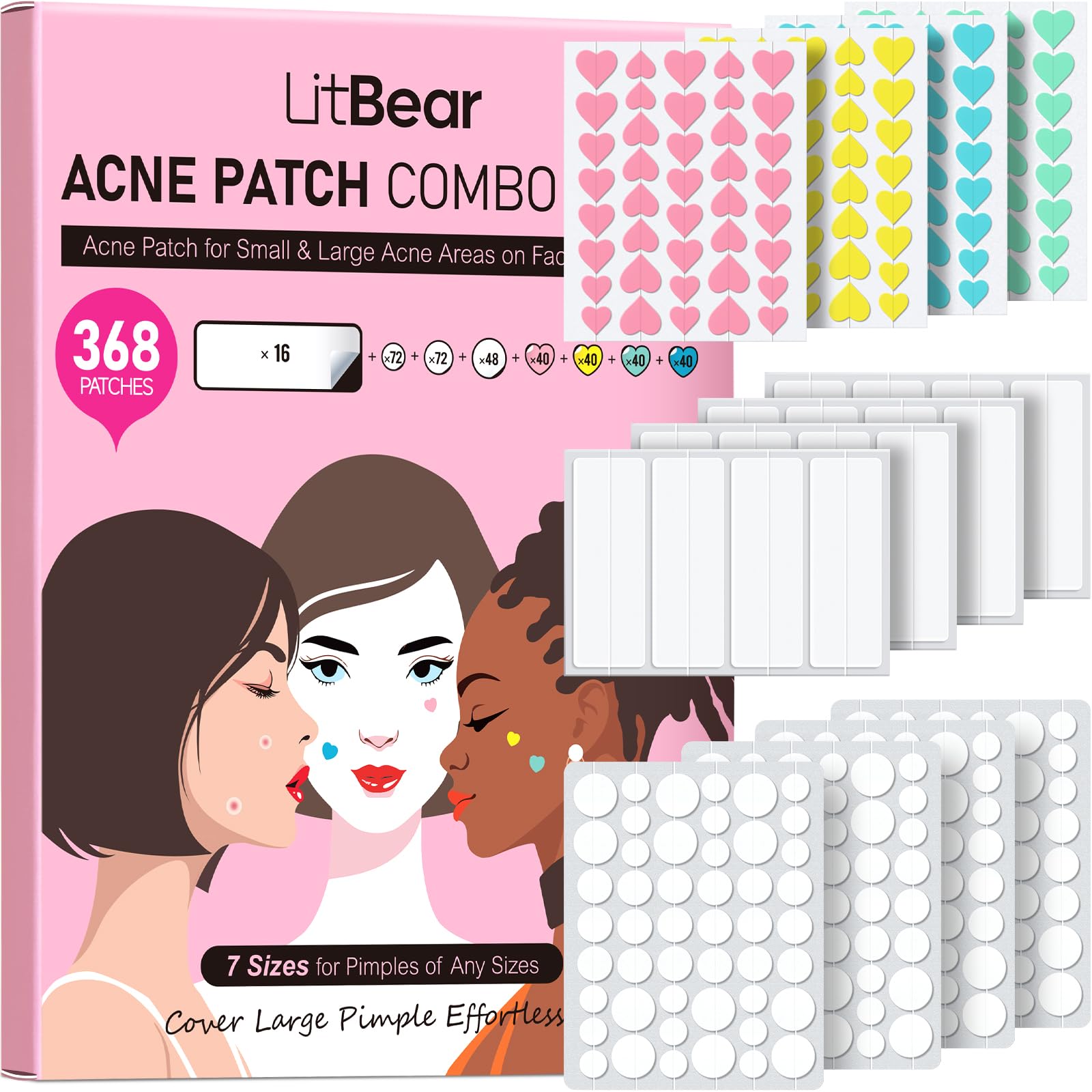 Acne Patch Combo Kit – 368 Hydrocolloid Patches, 7 Sizes